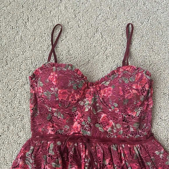Altar’d State Liora Floral Maxi Dress Burgundy Lace Floral Corset Ribbon SZ XS - Picture 8 of 11
